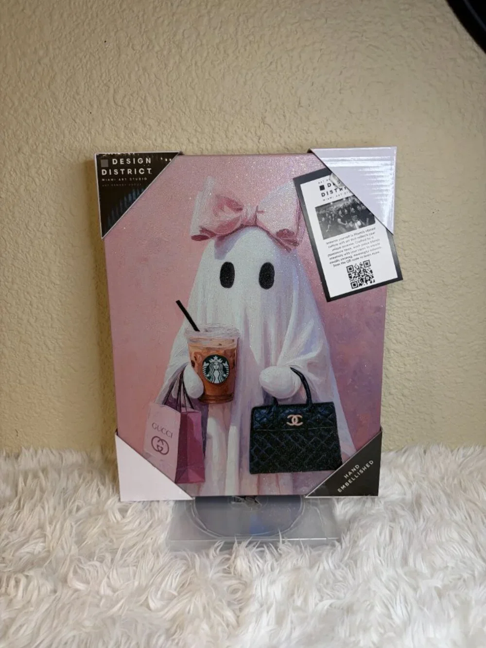Ghost Fashionista Pink Halloween Canvas Wall Art 11x14 Glitter
